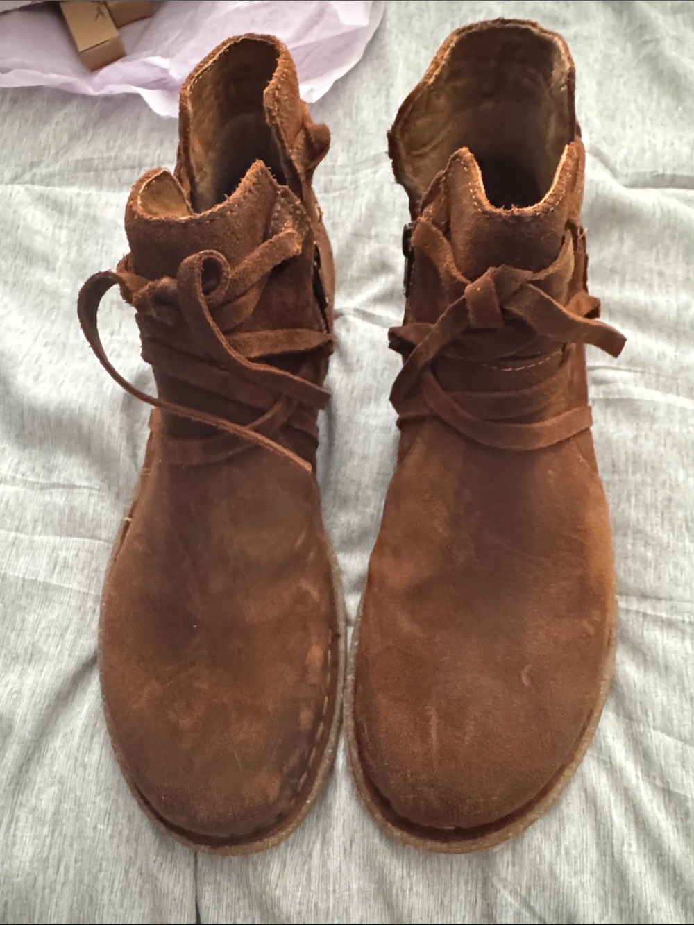 Born Chestnut Brown Suede Ankle Booties with Wrap Tie